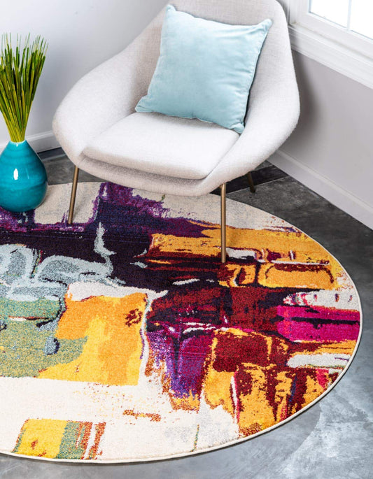 Unique Loom Estrella Collection Bright Colors, Geometric, Abstract, Modern Area Rug (6' 0 x 6' 0 Round, Beige/Yellow)