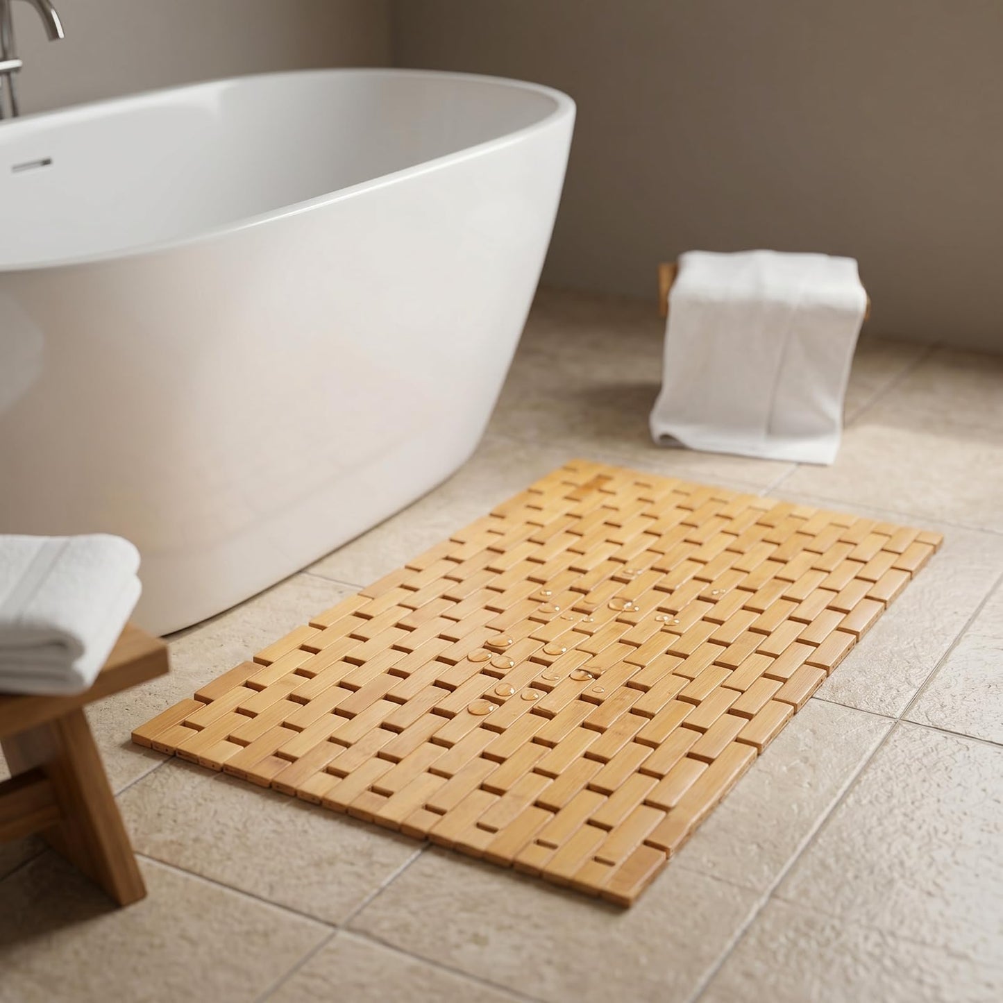 SOUJAP 2 PCS Bamboo Bath Mat, 23.6 x 15.7 Inch, Wooden Shower Floor Mat for Kitchen, Bedroom, Bathtub