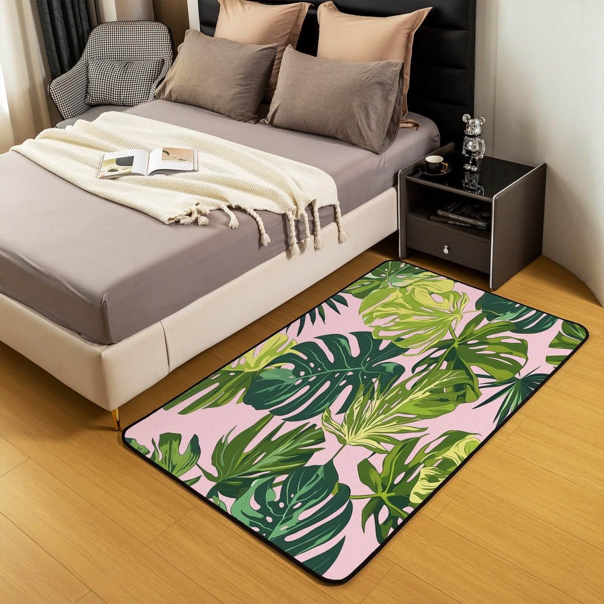 jejeloiu Palm Leaf Area Rug 4x5 Hawaiian Tropical Leaves Living Room Rugs Ultra Soft Machine Washable Pink Green Rugs for Living Room Bedroom Indoor Floor Mat