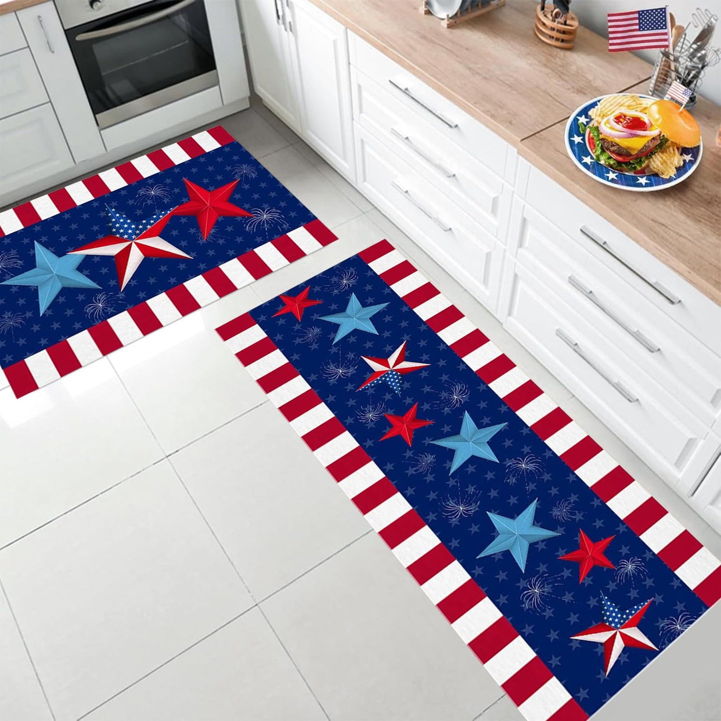 simplmasygenix 2PCS 4th of July Patriotic Kitchen Rugs, Red, White and Blue Stars and Stripes American Flag Floor Mats Washable Non-Slip Runner Rugs for Farmhouse Independence Day Decor (#2)