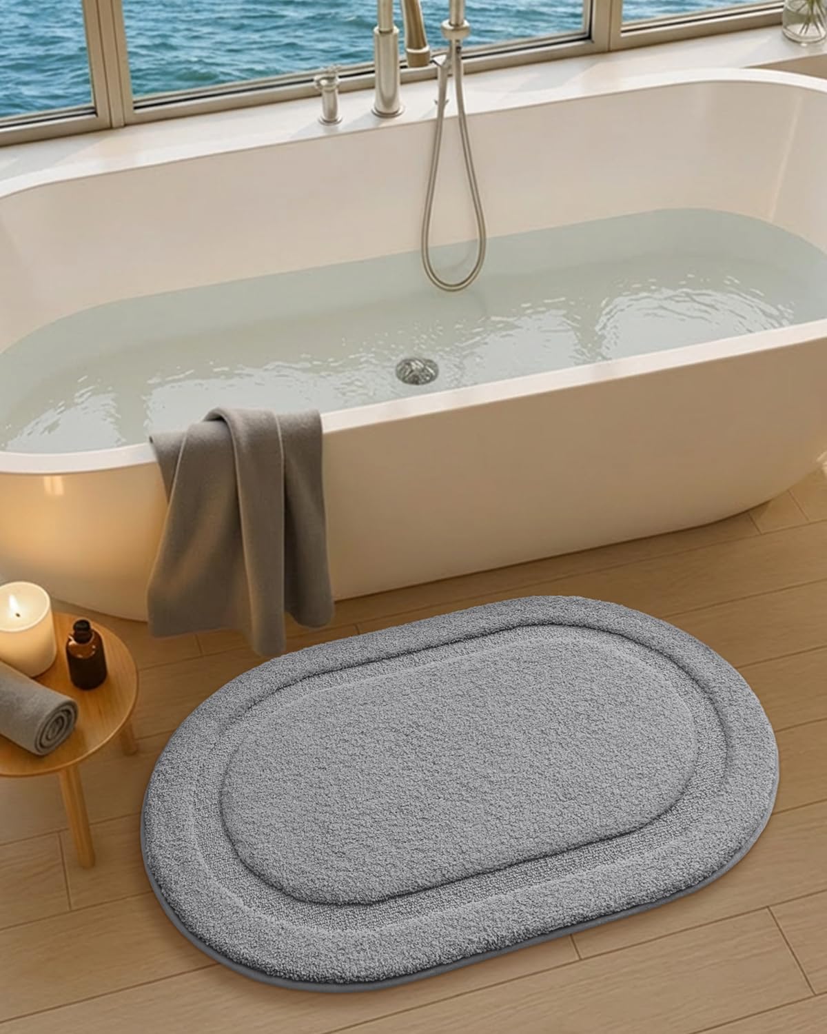 Color&Geometry Oval Grey Bathroom Rugs 43x24, Extra Soft Absorbent Microfiber Bath Rugs, Non-Slip Bathroom mat, Washable Plush Bath Mats for Bathroom, Shower, Bathtub, Laundry, Light Grey