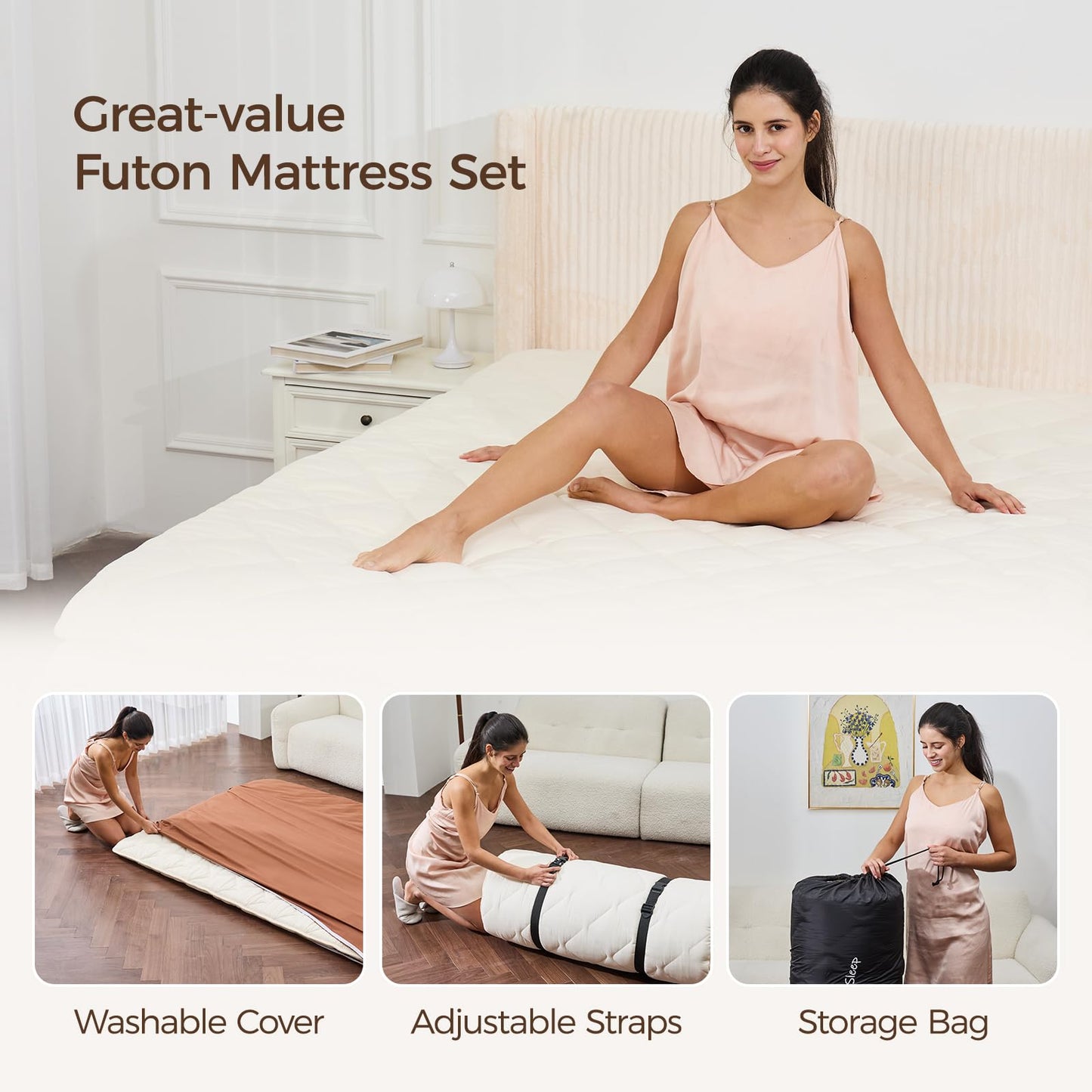 Miisong Japanese Floor Mattress with Washable Cover, Folding Futon Mattresss, Tatami Mat Sleeping Pad with Thicken Memory Foam, Roll Up Floor Lounger Bed for Kids Adults (Twin 80"×39"×2.6")