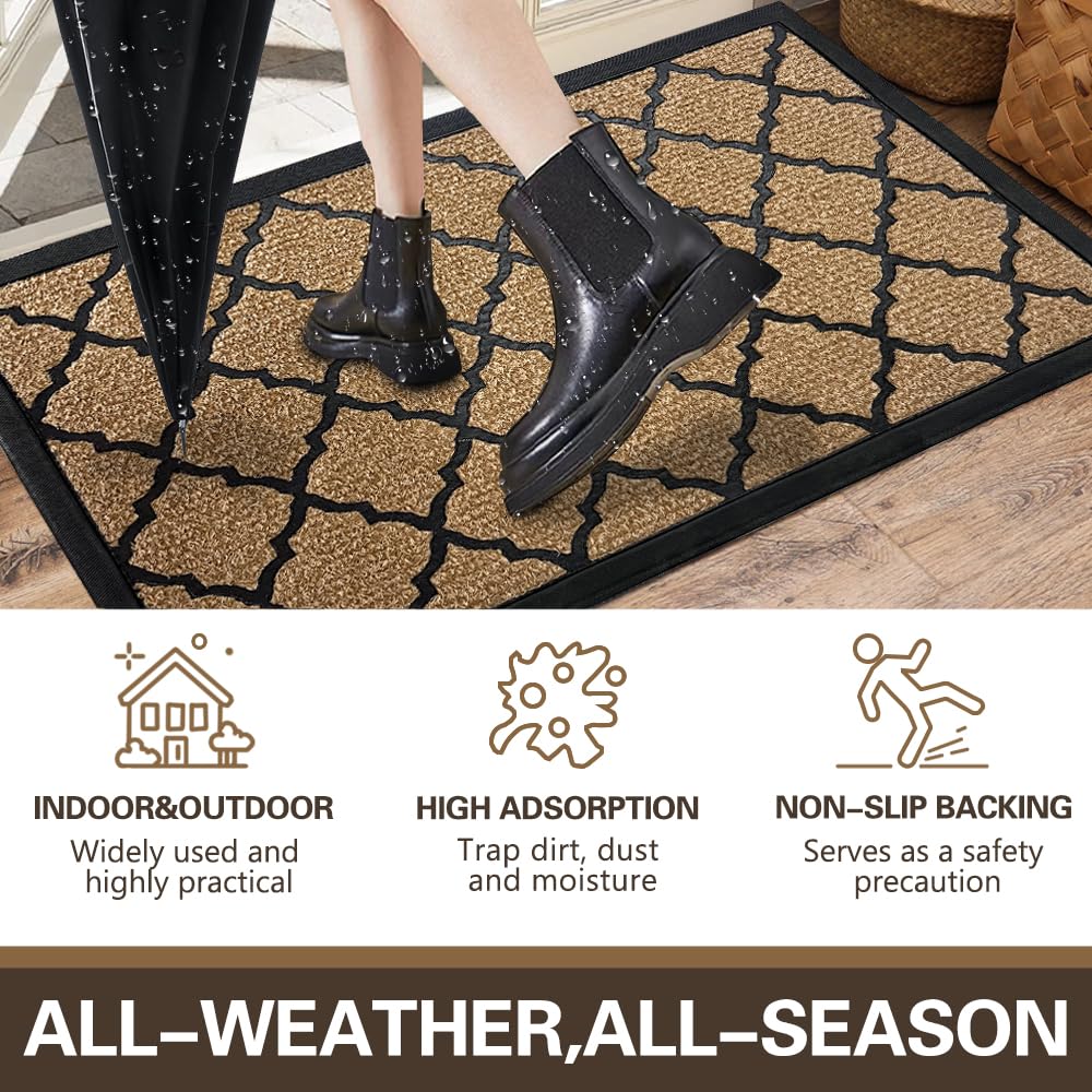 Qingbei Rina Outdoor Door Mat for Front Door- Dirt Trapping Welcome Door Mats - Non-Slip Outdoor Indoor Entrance - Low Profile Front Doormat (28" x 16", Bright Brown)