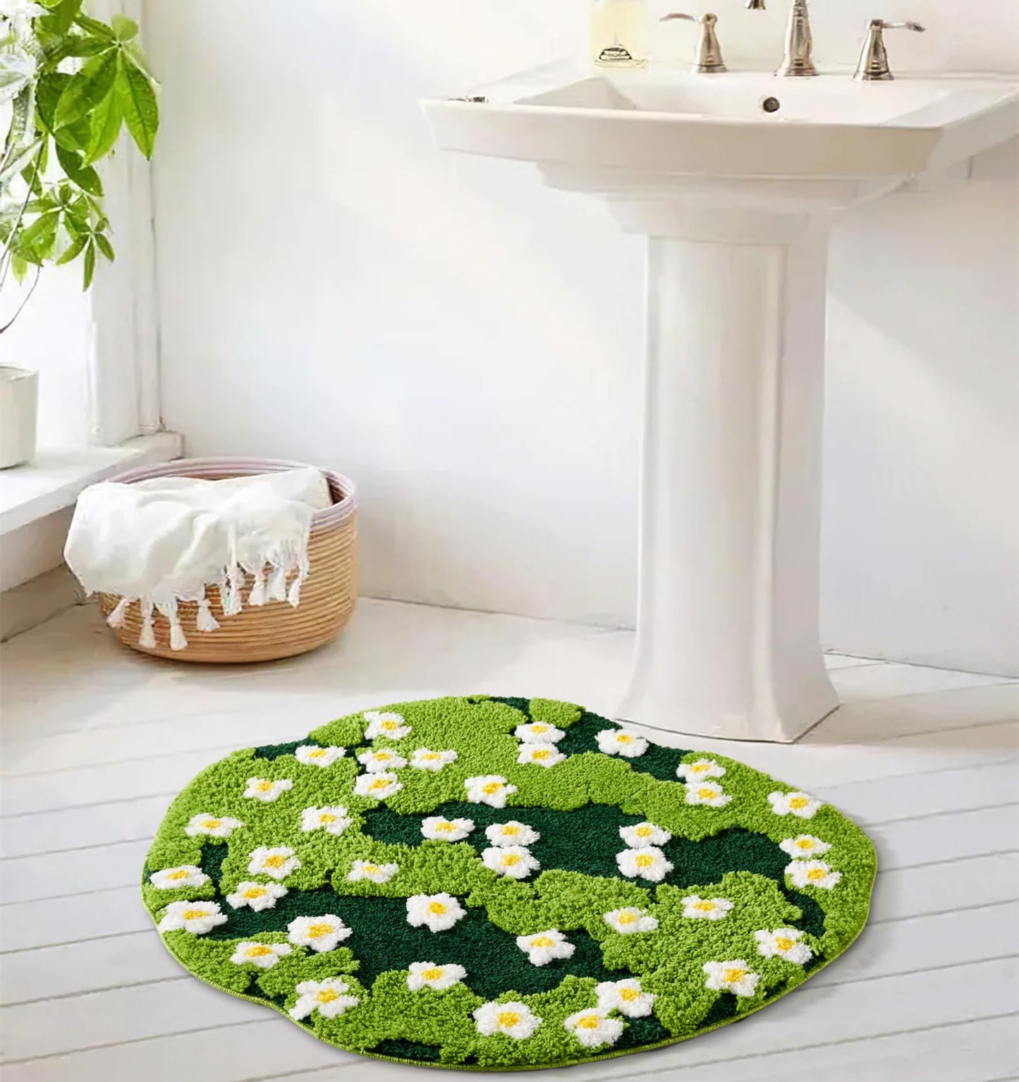 Ouyattle Cute Green Floral Large Bathroom Rugs Bath Mat 3ft Non Slip Washable, Modern Chic Boho Aesthetic Trendy Funky Microfiber Shaggy Tufted Grass Rugs for Bedroom Dorm Nursery Bathroom Kitchen