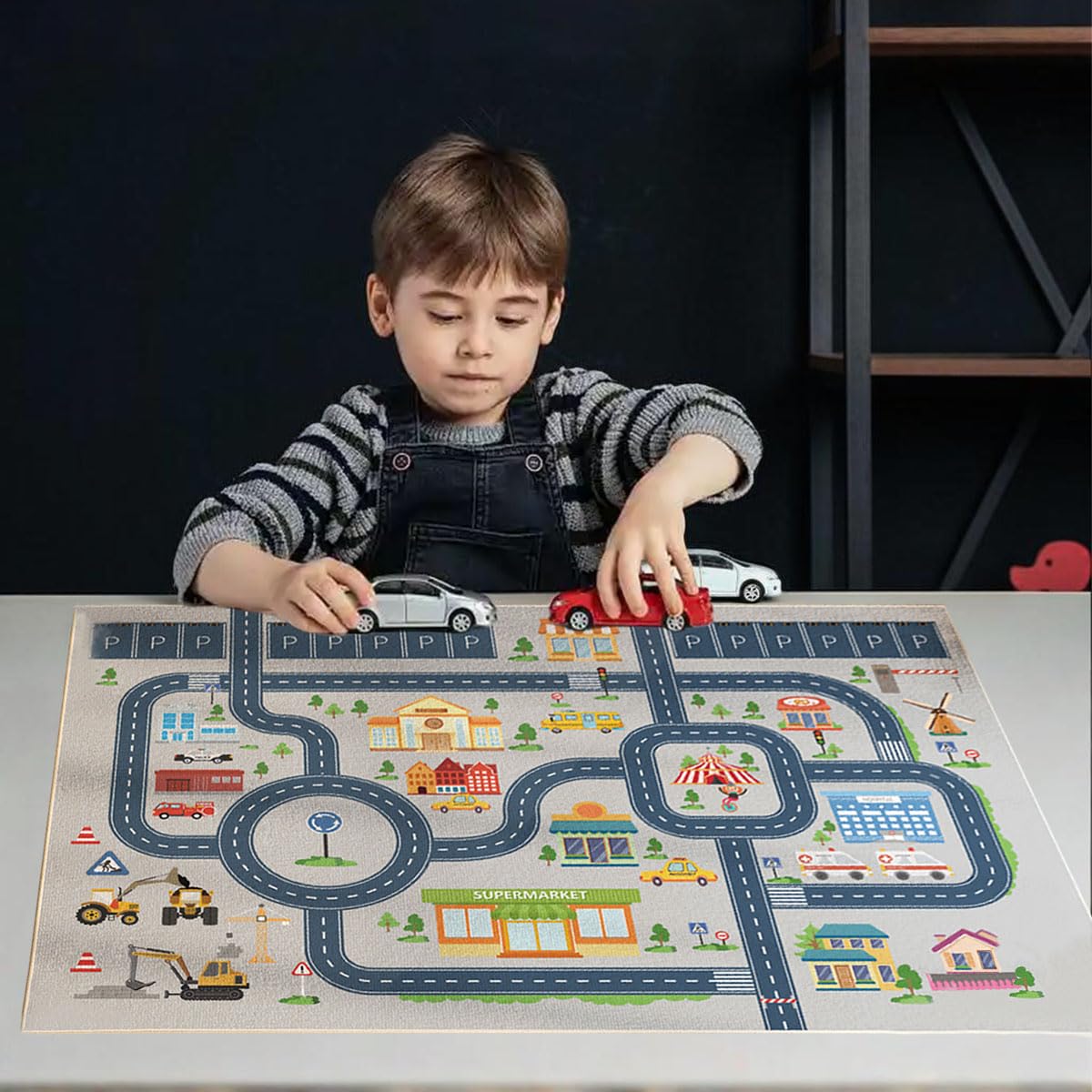 HOJOMACA Car Rug 32×47inch, Road Carpet Play Mat for Toy Cars, Non-Slip Race Track Carpet Rug, Educational Area Play Rugs for Children Playroom Bedroom (Town Road)