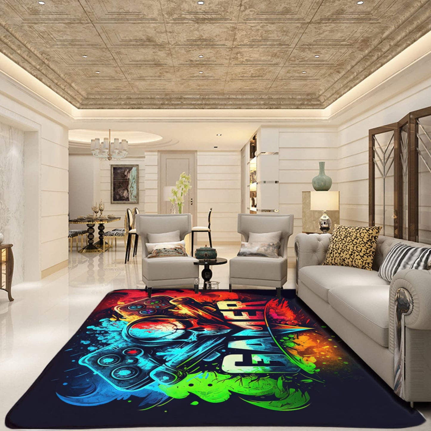 NEBOTON Gaming Area Rug, Small 36x24in, Modern Multicolor, Tufted Gaming Pattern, Non-slip, Quick-drying, Bedroom Game Room Gift