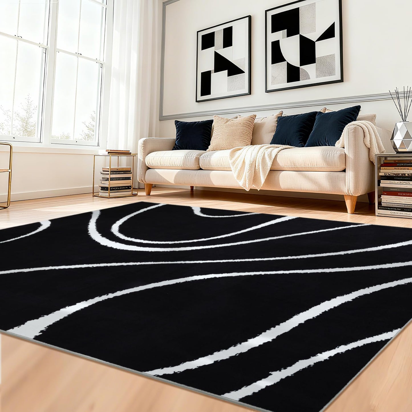 YIHOUSE Abstract Washable Rug 5x7,Ultra Thin Non Slip Black Rugs for Living Room,Modern Minimalist White Stripe Rugs for Bedroom,Dining Room Office Playroom (5'x7',Black-2)