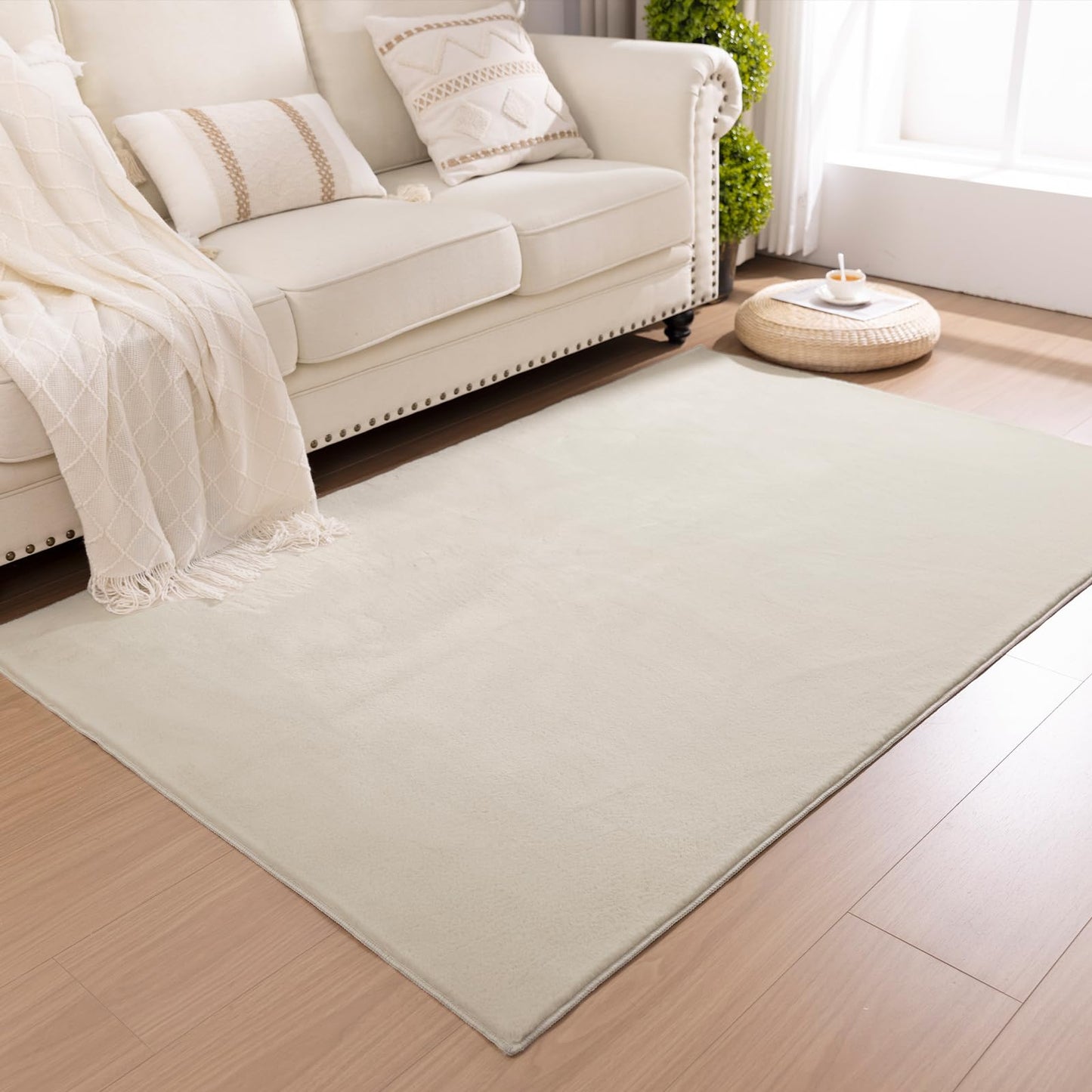 SHACOS Ultra Soft Faux Rabbit Fur Area Rug 3'x5', Non Slip Washable Padded Living Room Rugs, Fluffy Cozy Indoor Modern Carpet for Bedroom Dining Room Kids Room Dorm Home Decor, Beige