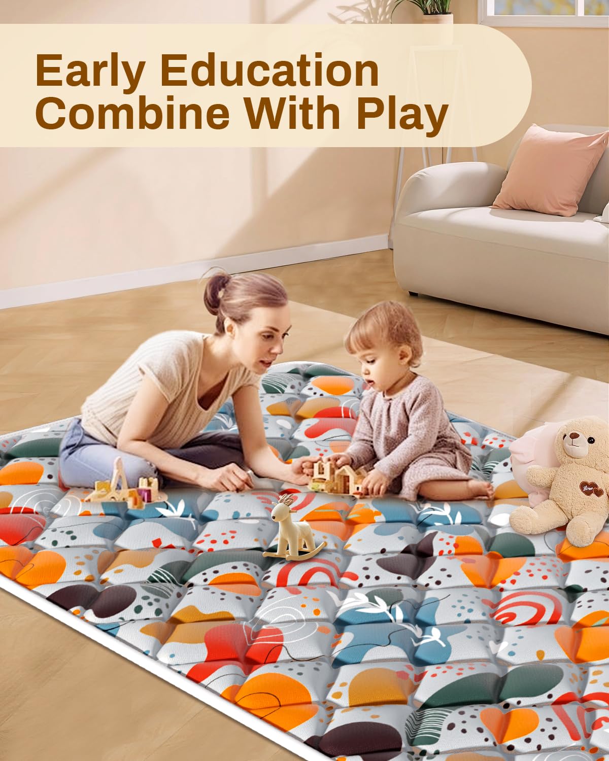 Jaobeem Baby Play Mats for Floor, Foldable 74x50 Playpen Mat Grey, Thicken Cushioning Padding Playmate for Baby and Toddlers Infants, Non-Slip, Machine Washable, Easy to Store