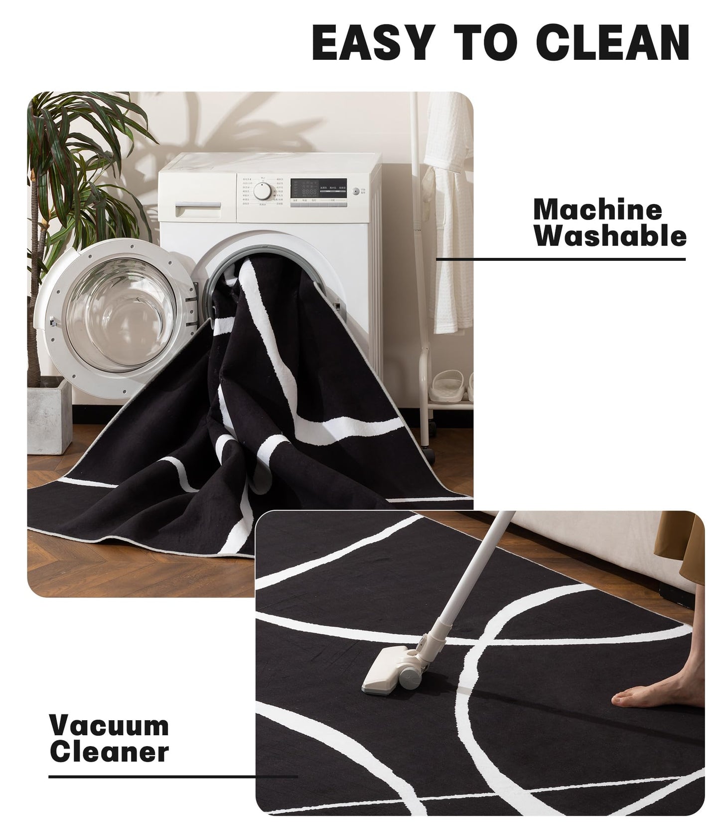 YIHOUSE Modern Washable Area Rug for Living Room Bedroom - Large Abstract Black and White Rug Non-Slip Ultra-Thin Home Decor (Dark Curve, 5'x7'ft)