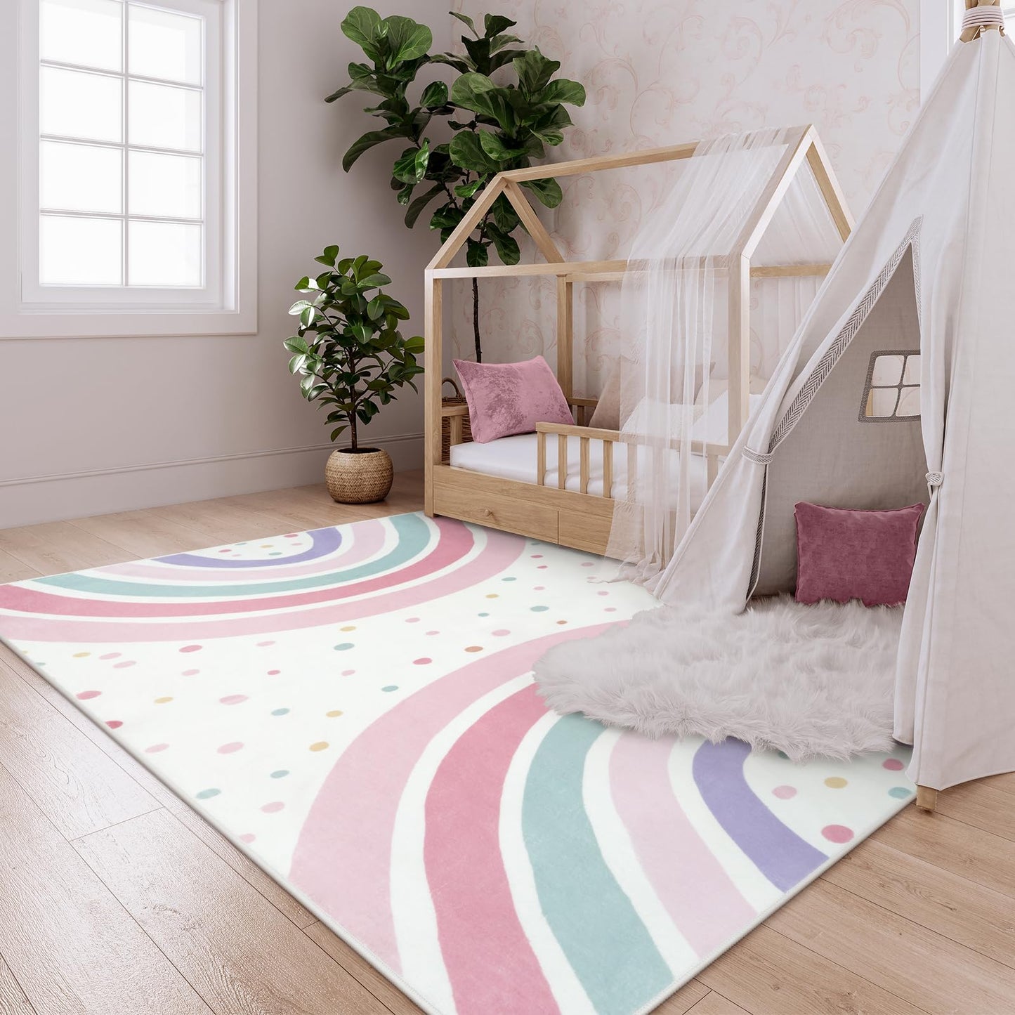 STARUIA 5x7 Washable Rainbow Rug for Girls Bedroom, Soft Polka Dot Pink Rug for Girls Room Nursery, Non-Slip Large Kids Carpet Area Rug for Playroom Classroom Kids Room Princess Castle