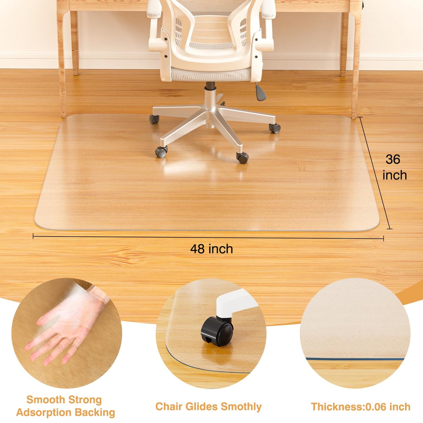 Office Chair Mat for Hardwood Floor, 36" x 48" Clear Plastic Desk Floor Protector, Heavy Duty Non-Slip Chair Mat for Rolling or Gaming Chairs, Durable Computer Mat for Home Office