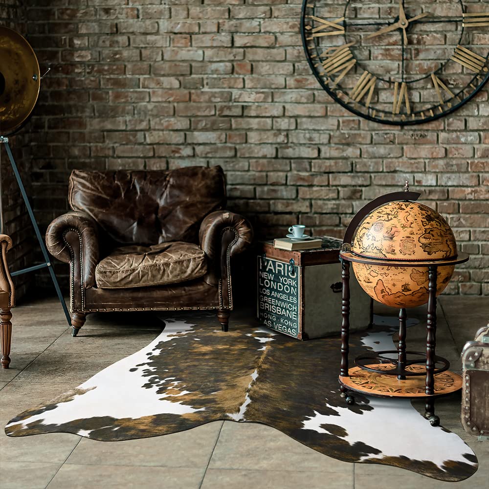 Amearea Faux Cow Hide Rug 5.2x4.6 Feet, Premium Western Home Decor Cow Print Rugs for Living Room, Faux Leather Animal Cowhide Carpet for Bedroom, Dining Traditional Cow Print Stuff Carpets, Brown