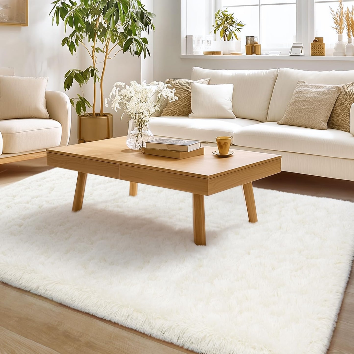 Rug for Living Room Bedroom, 5x7 Area Rugs for Living Room, Ultra Soft Modern Shaggy Carpets Fuzzy Rug for Boys Girls Dorm Nursery Home Decor Aesthetic, Upgrade Non-Slip Durable, Cream White