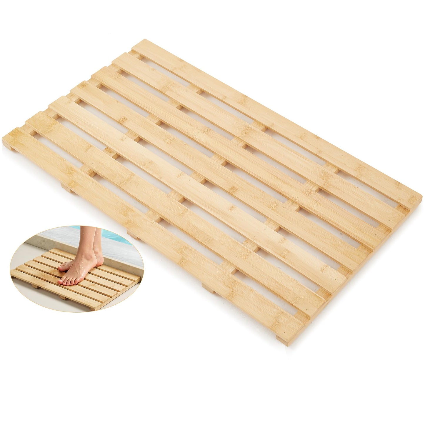Yampos Bamboo Bath Mat, Non-Slip Waterproof Shower Mat with Rubber Feet Luxury Spa-Grade Wooden Floor Mat for Bathroom, Bathtub, Sauna, Indoor & Outdoor Use