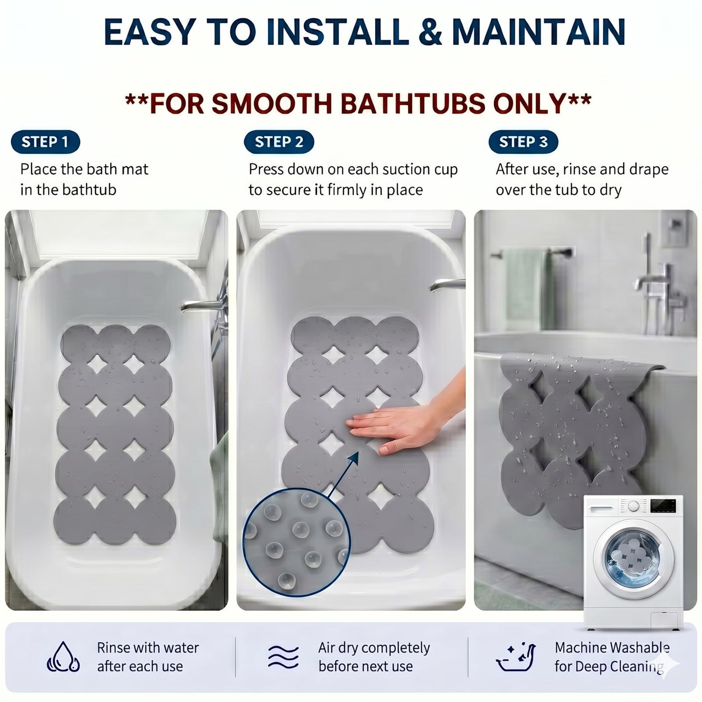 Webos Patented Non Slip Bathtub Mat Shower Mat Bath Mat Tub Mats with Strong Suction Cups Soft Natural Rubber Bath Mat for Inside The tub (Circle-Grey, 28x16 inch)