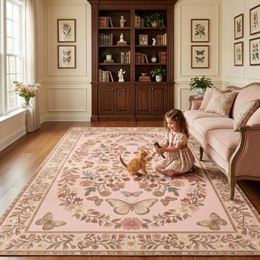 ERYATOU Vintage Pink Butterfly Floral Area Rug 5'x7', Boho Cottagecore Decorative Carpet, Soft Faux Cashmere Short Pile Washable Non-Slip Rug for Living Room Bedroom