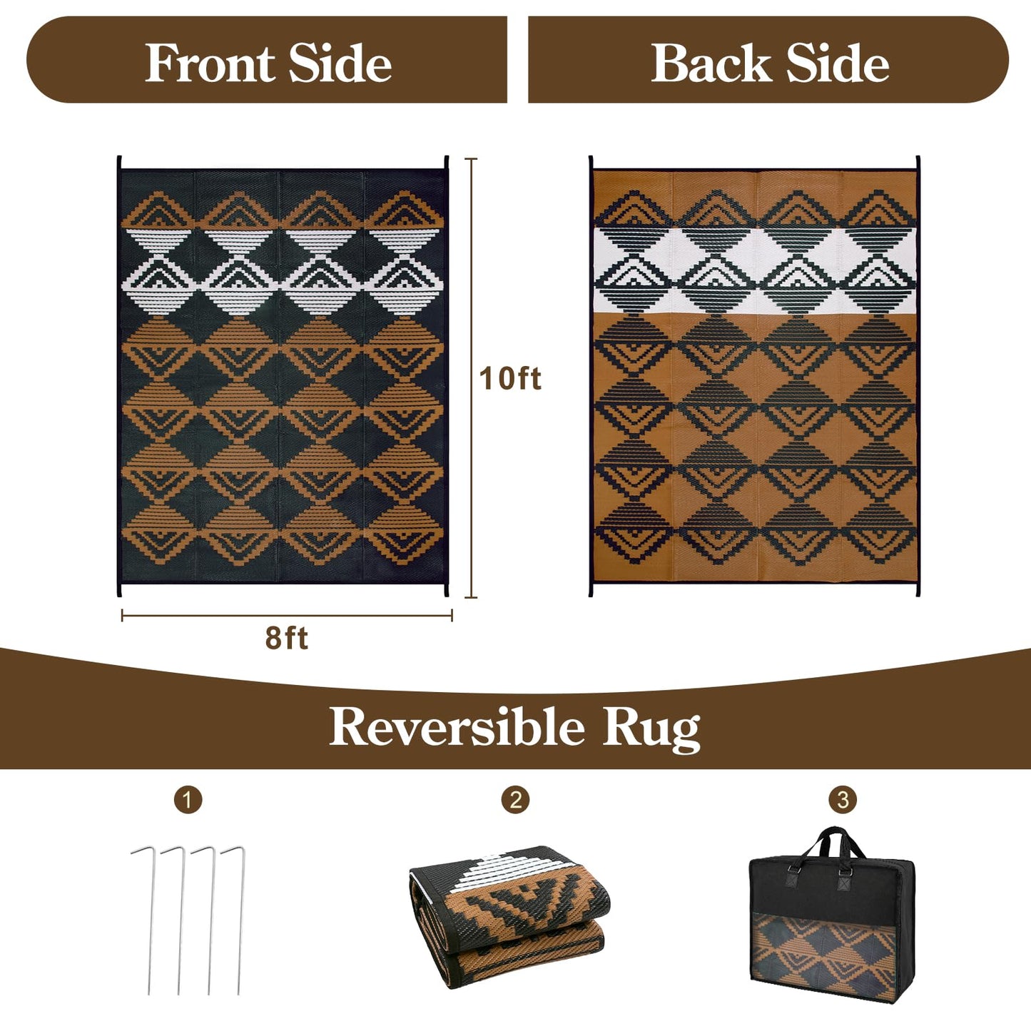 Beeiva Outdoor Rug 8x10 Waterproof for Patio, Reversible Outdoor Patio Rug for Deck, Backyard, RV Camping, Plastic Straw Rug Black Brown