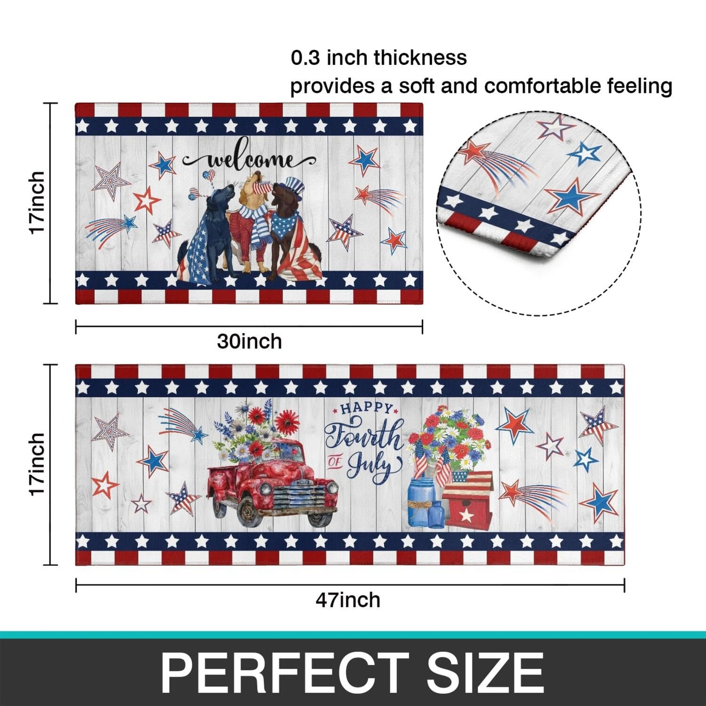 American Patriotic Farmhouse Kitchen Rugs Sets of 2,4th of July Memorial Day Independence Day Mats for Floor,Liberty Freedom Non Slip Holiday Decor Mat for Sink, Laundry, Office 17"x 47"+17"x 30"