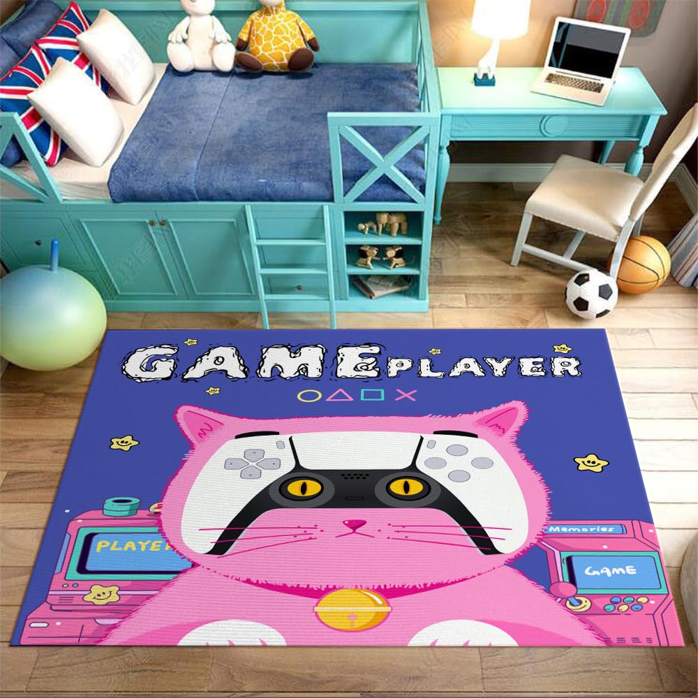Cartoon Cat Gamepad Area Rugs for Kids Room Boys Girls, Gaming Room Carpet Rug Mat for Children's Bedroom Home Decor, Cute Large Play Rugs for Playroom Kidroom, 59"*39"