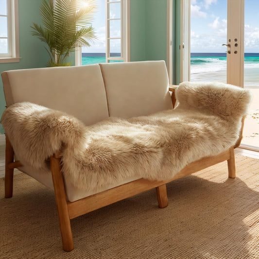 Fluffy Patchwork Sheepskin Rug with Little Patches, Fuzzy Shaggy Fur Genuine Wool Area Carpet for Bedroom Living Room Floor, Pray Pup Mat, Chair Sofa Seat Cover, Light Brown, 2' x 6'