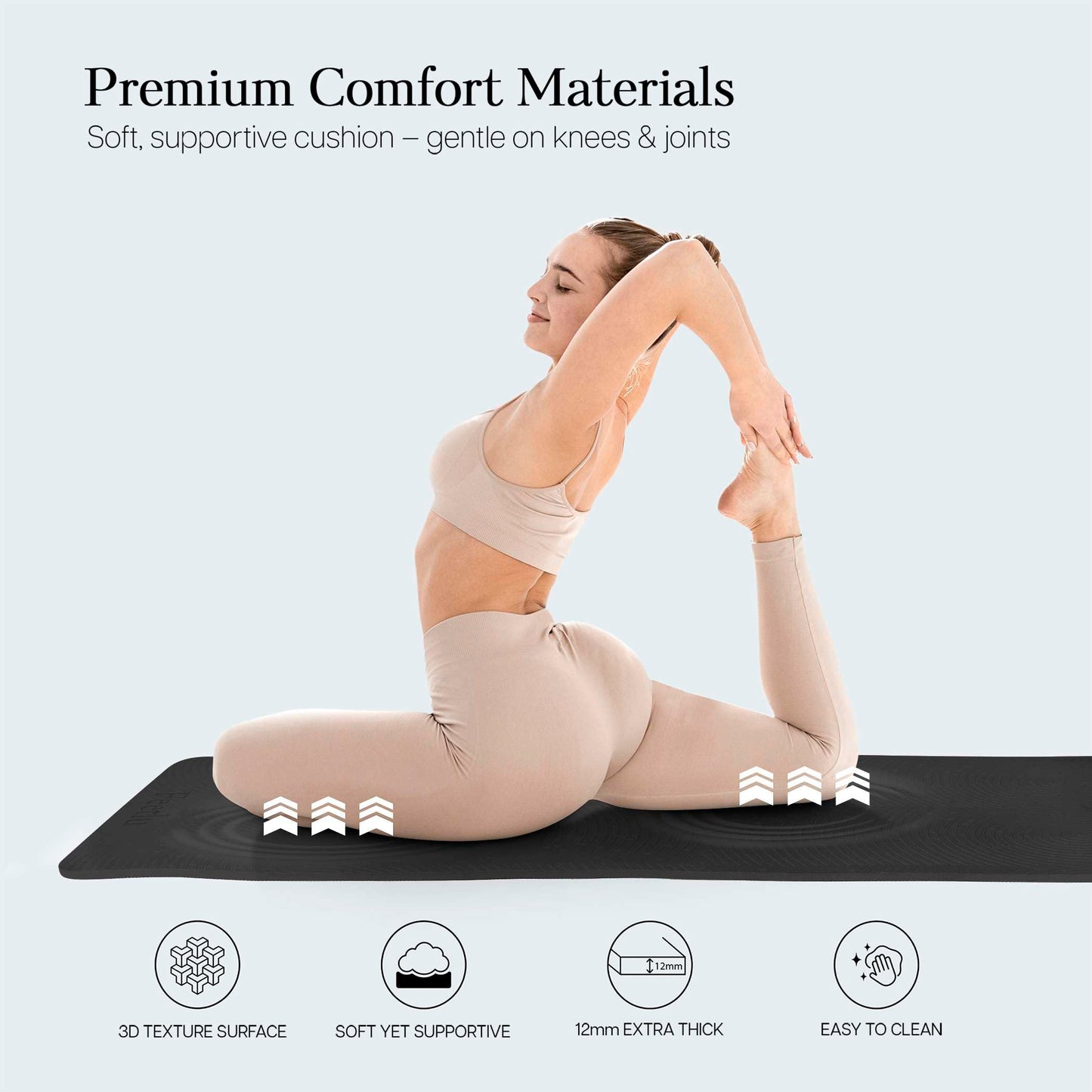 Feetlu Extra Thick 12mm Exercise Mat – 74"L x 26"W Inch, Non-Slip, Joint-Friendly & Cushioned Fitness Mat for Yoga, Pilates & Floor Workouts – Durable, Supportive & Includes Feetlu Classic Strap (Black)