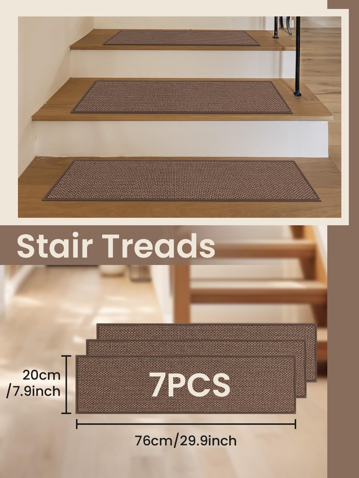 Stair Treads for Wooden Steps, Non-Slip Stair Runners Indoor,Carpet for Stairs with PET Anti-Slip Material for Kids, Elders & Pets, Machine Washable, Reusable(7PCS,30'x8',Brown)