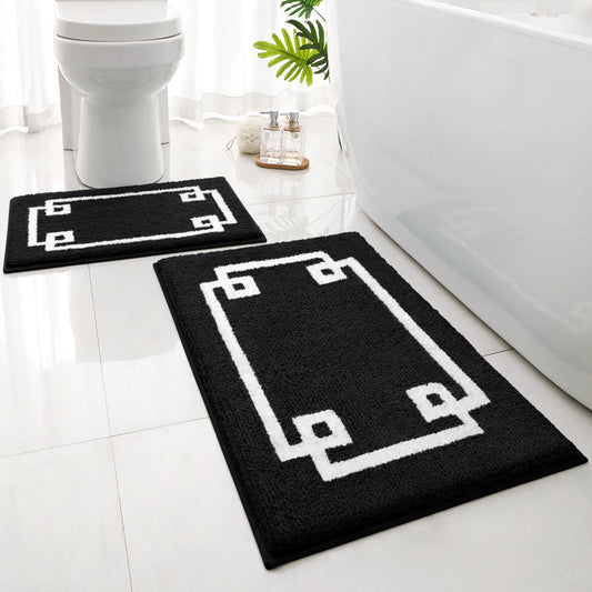 HOMEIDEAS 2 Piece Bathroom Rug Set, Ultra Soft Microfiber Bath Mats, Absorbent Non Slip Washable Rugs for Bathroom, Shower & Tub (Black, 16"x24"+20"x32")