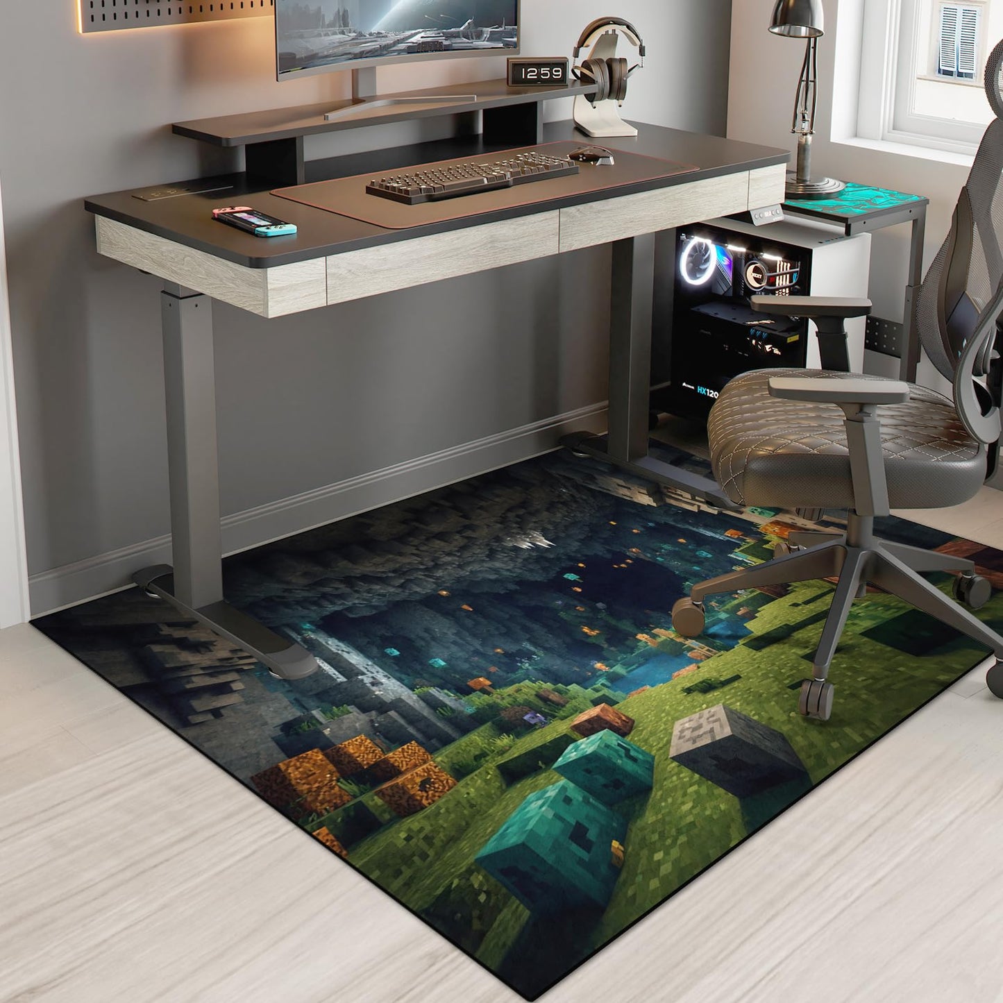Block Game Rug Teen Kids Carpet, Pixel Games Scene Decoration Mat, Washable Game Rugs for Boy’s Bedroom Living Room Playroom, Non-Slip Children Gaming Area Rugs (Green Grass Karst Cave, 60" x 40")