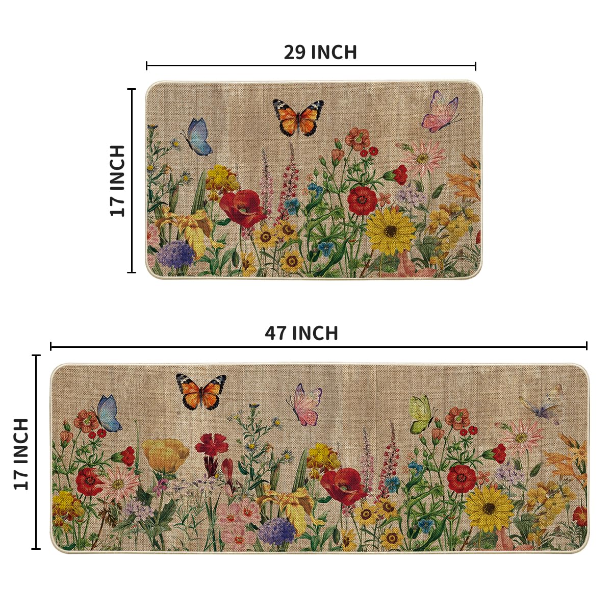 Artoid Mode Wood Flowers Butterfly Spring Kitchen Mats Set of 2, Seasonal Home Decor Leaves Low-Profile Kitchen Rugs for Floor - 17x29 and 17x47 Inch