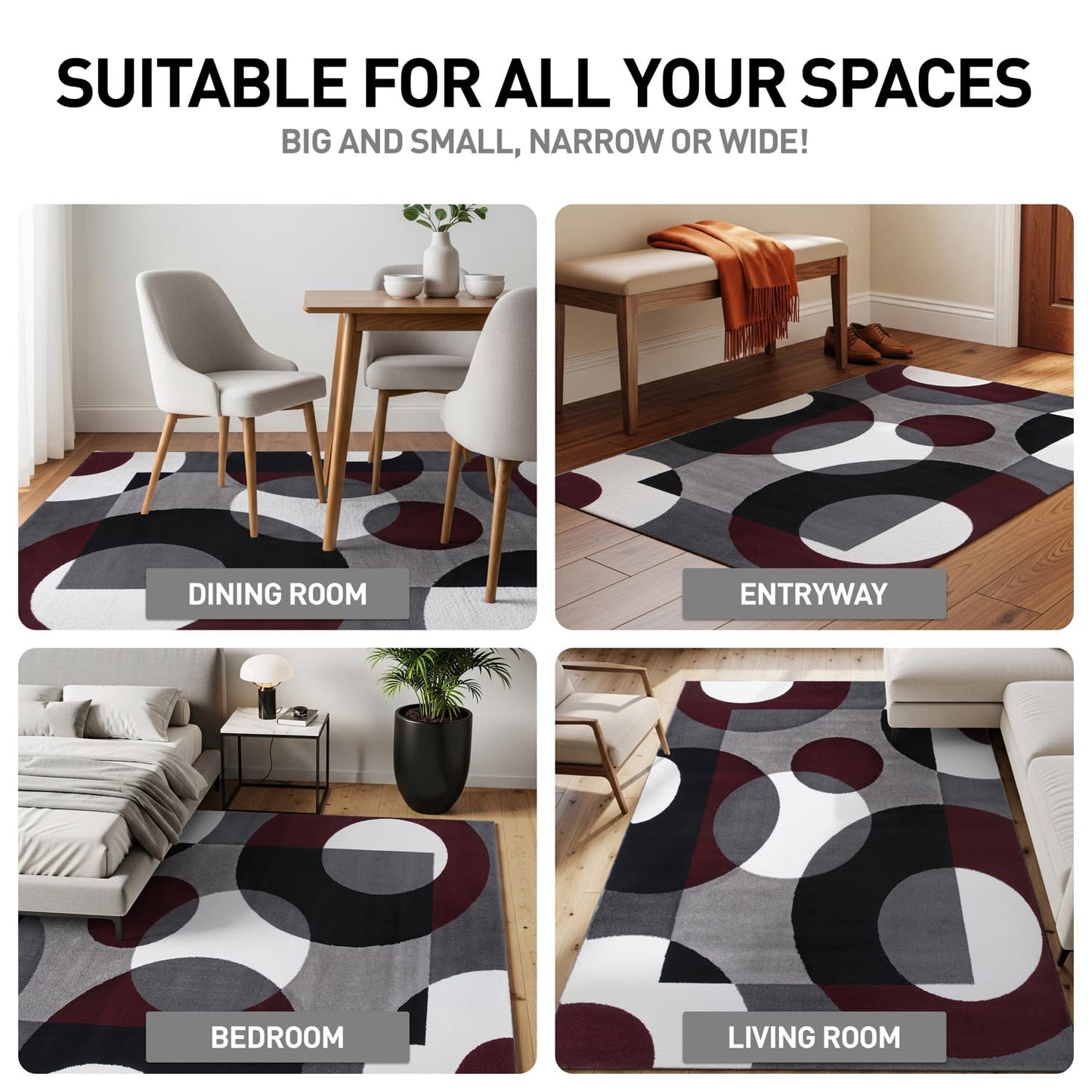 Rugshop Burgundy Modern Geometric Area Rug, Overlapping Circles, Non-Shedding, Statement Accent for Bedroom, Home Office and Small Living Room, 3'3" x 5'