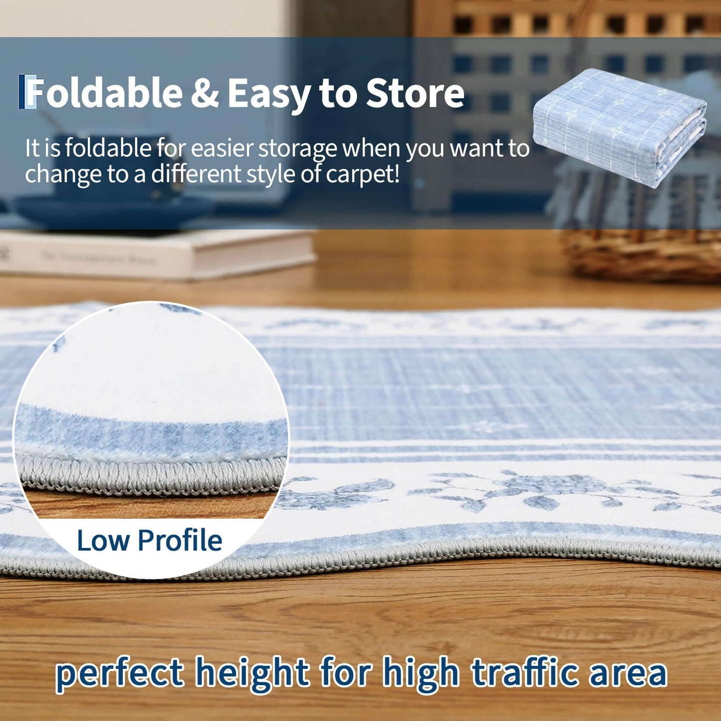 Garvee Washable Rugs for Living Room 8x10 Area Rugs for Bedroom Scalloped Rug Modern Bordered Non Slip Large Kids Bedroom Carpet Indoor Stain Resistant Floor Cover for Dining Room Office Nursery Blue
