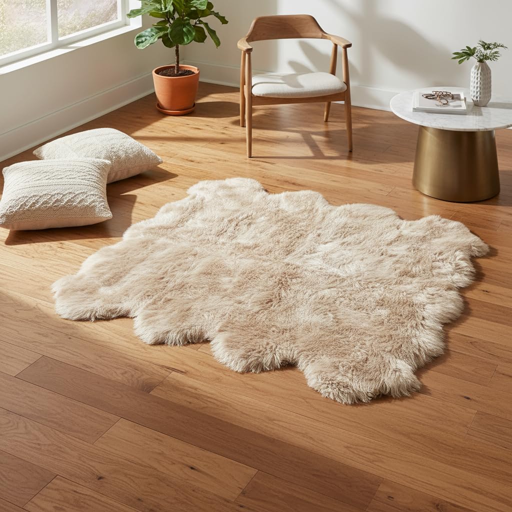 Khara Home Octo Sheepskin Area Rug 6x6 Ft – 100% Genuine Long Hair Lambskin – Premium Soft & Fluffy Light Beige Rug for Bedroom or Living Room – Made in Argentina