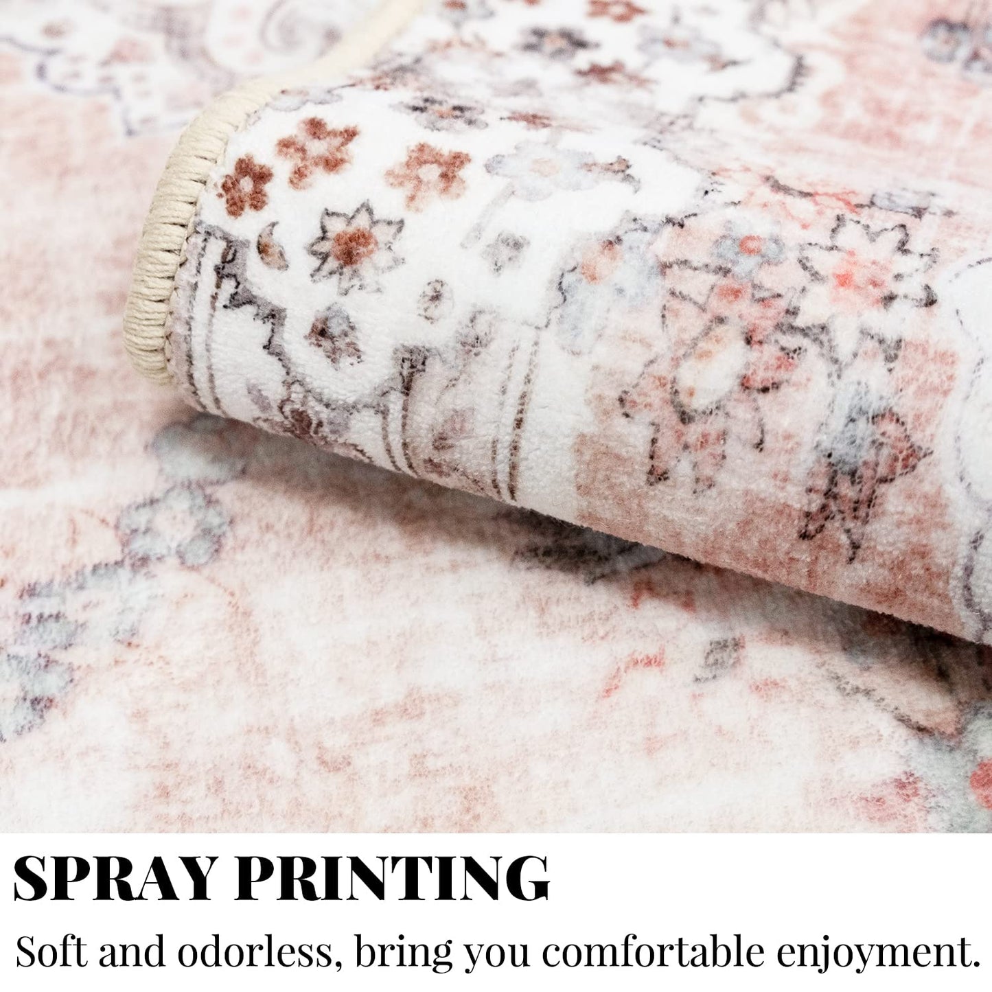 MUJOO Boho Area Rug 3'x5' Machine Washable, Pink Small Non Slip Area Rugs for Entryway Bedroom Bedside Kitchen Hallway Living Room Laundry Room Indoor Mat Soft Low-Pile Floral.