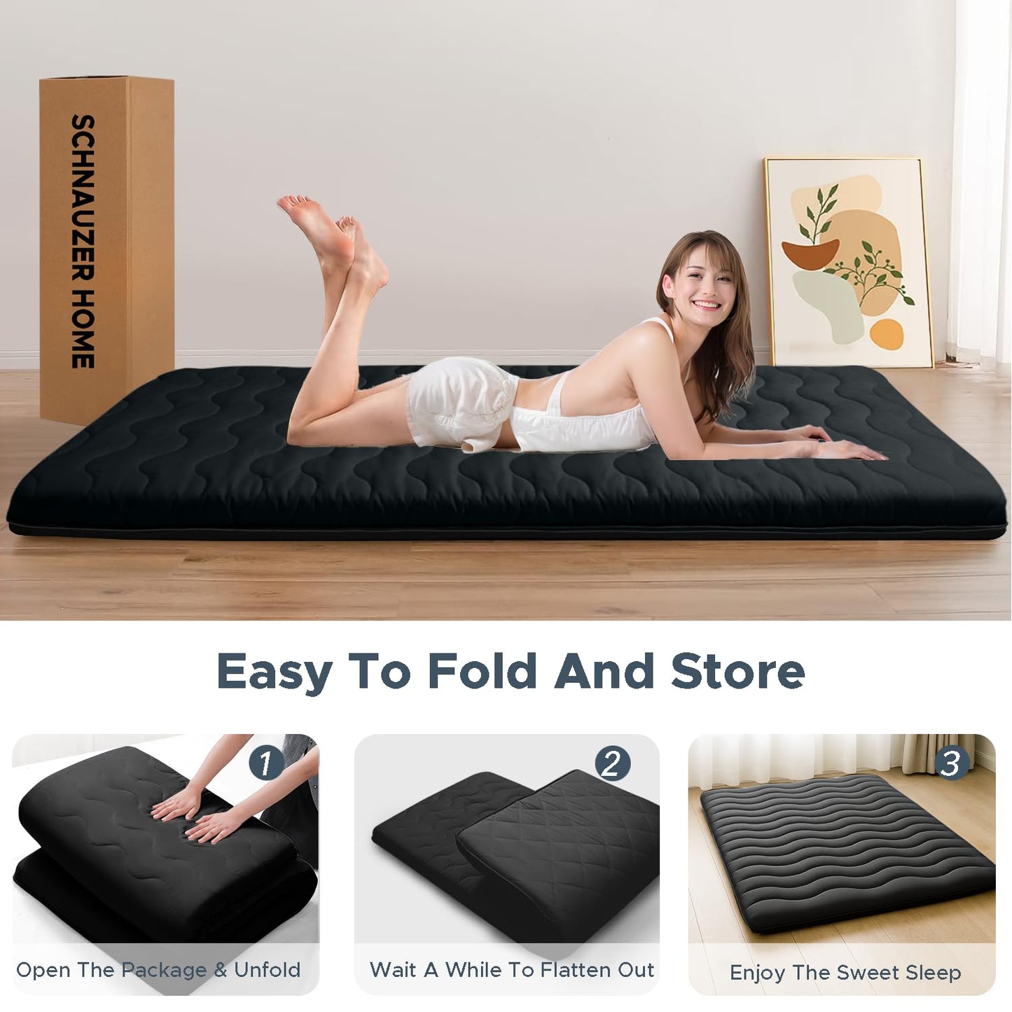 Japanese Floor Mattress, 100% High Density Comfortable Foam, 4" Thicken Foldable Mattress Tatami Mat Sleeping Pad, Ideal for Comfort and Support, Kids Floor Lounger Pillow Bed Sofa, Black, Queen