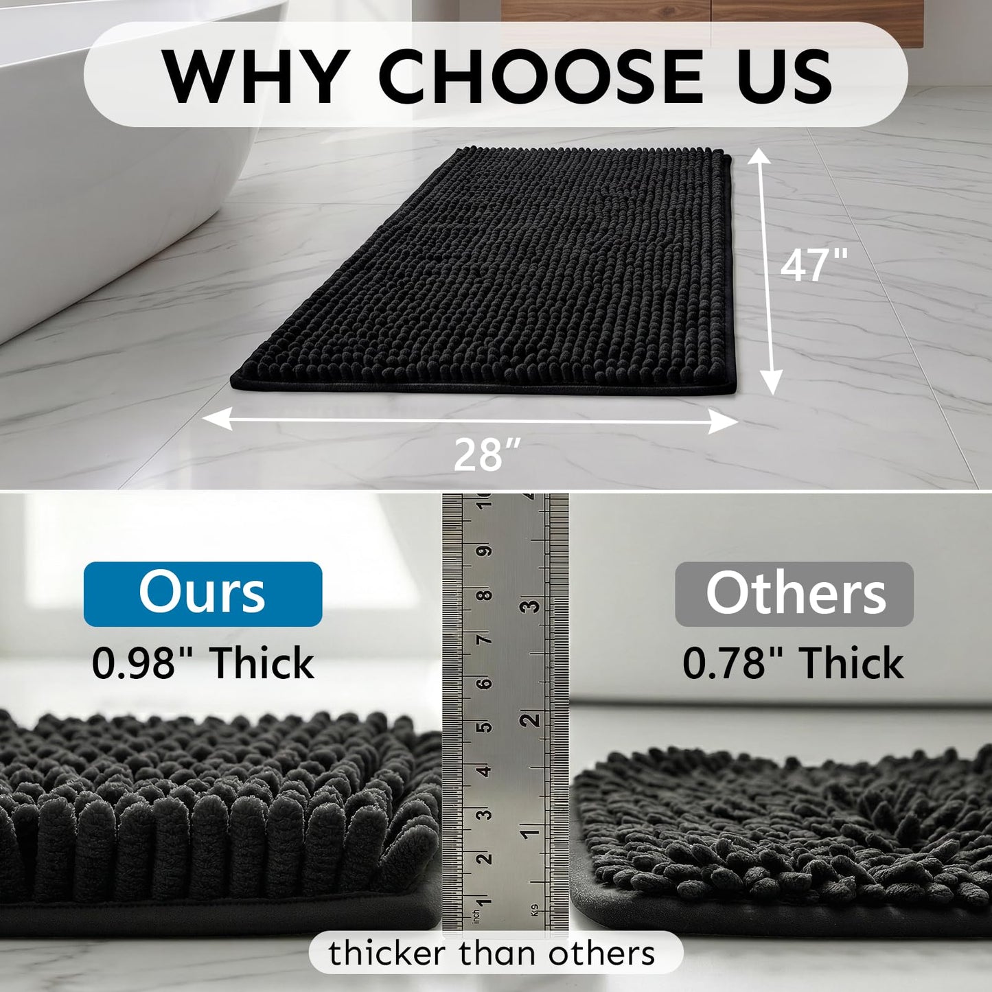Secura Bathroom Rugs 47x28, Ultra Soft Chenille Bath Mat, Super Absorbent & Quick Dry Bathroom Mat, Non Slip Machine Washable Bath Rugs for Tub, Shower, Home Decor Accessories (Black)