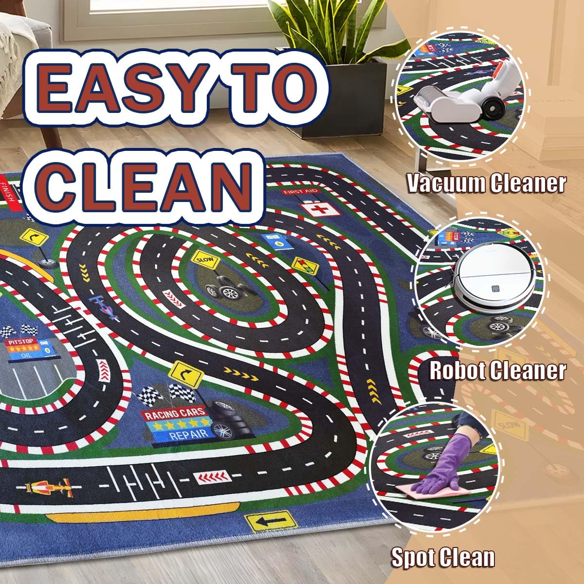 JUFORHQC Kids Rug,Children's Room Rug,Road Race Play Rugs, Rail City Living Rugs, Washable Non-Slip Play Mats. (Dark Blue, 31x47in)