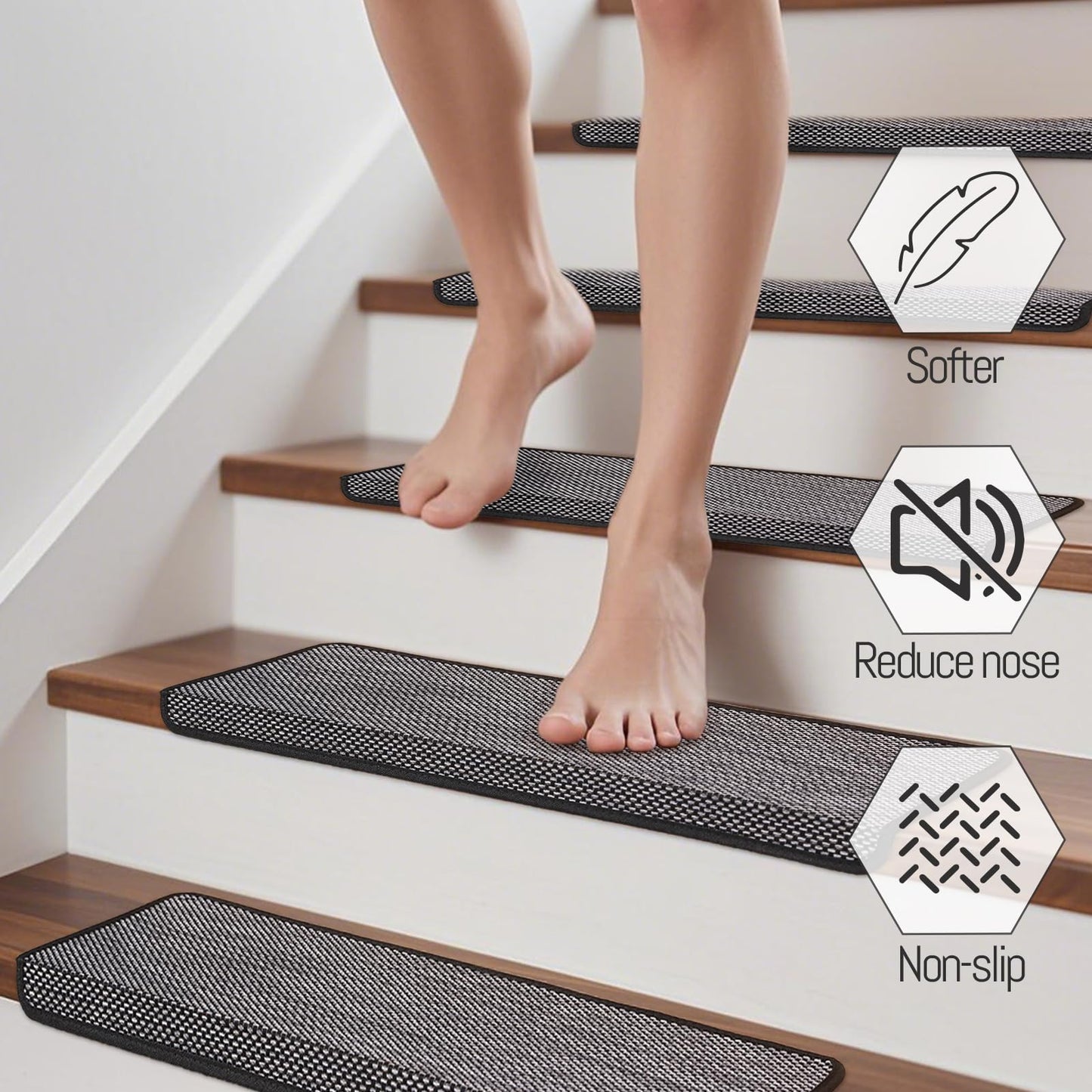 MATAHUM Bullnose Carpet Stair Treads 30" x 9.5", 14 Pcs Non Slip Stair Treads for Wooden Steps Indoor, Reusable Carpet for Stairs Runner, Edging Stair Protectors(Black)