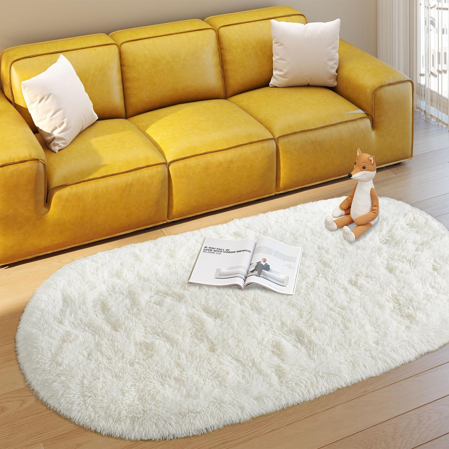 Soft Fluffy Area Rug for Bedroom, Cream White Fuzzy Shaggy Oval Throw Rugs for Bedside, Non-Slip Cozy Plush Shag Carpet for Kids Room Nursery Dorm Living Room, 2.6 x 5.3 Feet