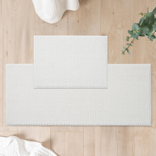 FRESHMINT Chenille Bathroom Rugs Sets 2 Piece 17"x24"+20"x47", Non-Slip Bath Mats Set for Bathroom, Absorbent Bath Rug, Washable Set of 2 Shower Floor Mat Runner, White