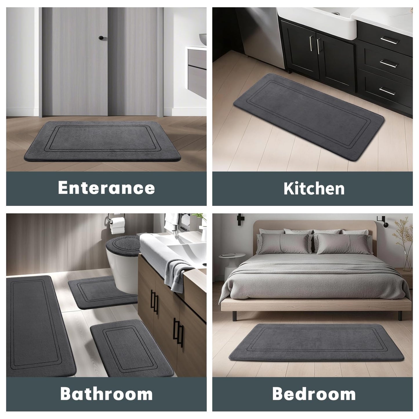 YIHOUSE Memory Foam Bath Mat Set, Non Slip Bath Mats for Bathroom, Super Soft and Water Absorbent Bath Rug Set, Machine Washable U Shape Toilet Mats, Dark Grey