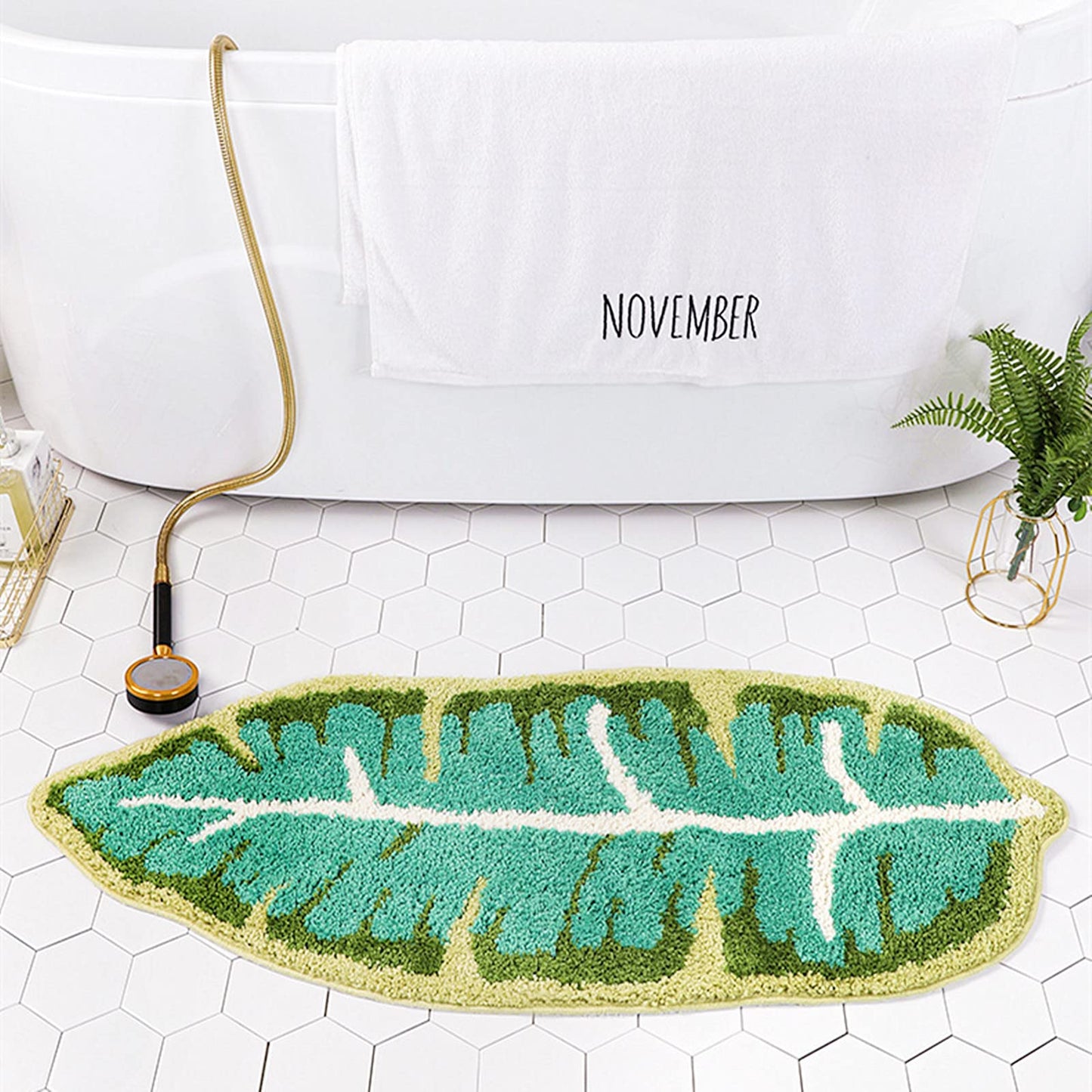 UKELER Non Slip Bath Rug for Kids Cute Leaf Shape Bathroom Decor Absorbent Shaggy Bath Mat Washable Non Skid Doormats for Kids Bedroom 43''x17.7''