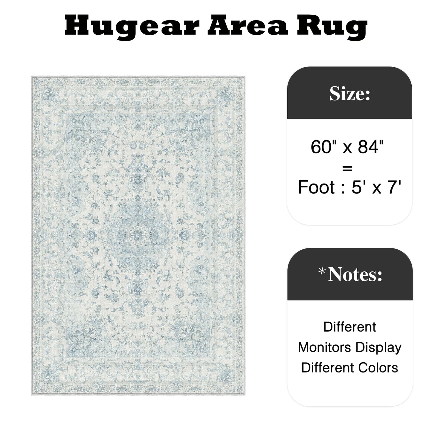 HUGEAR Area Rug 5x7 Vintage Blue Machine Washable Living Room Rugs Thin Neutral Floral Vacuumable Low Pile Carpet Bedroom Office Dining Room Laundry Room Non Slip Soft Lightweight