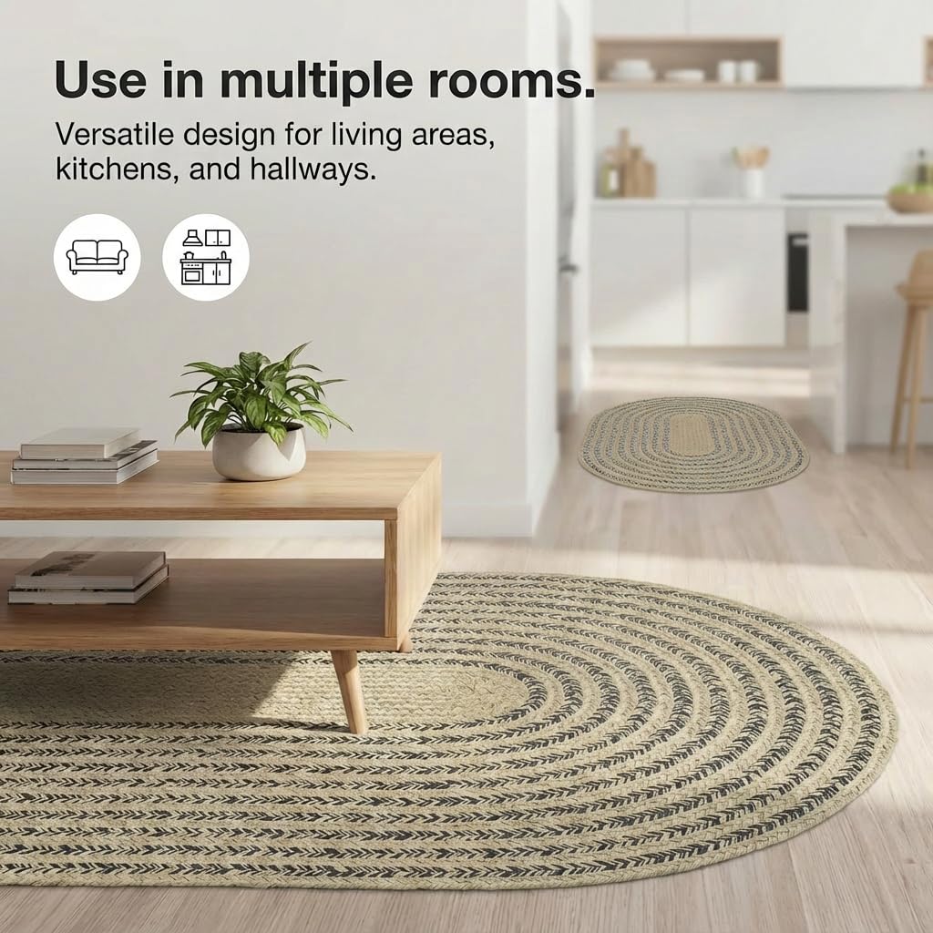 Cotton Braided Rug - 3' X 5' Beige and Charcoal Oval Woven Farmhouse Rug for Kitchen - Braided Minimalist Rugs for Entryway - Rustic Primitive Rugs for Bedside