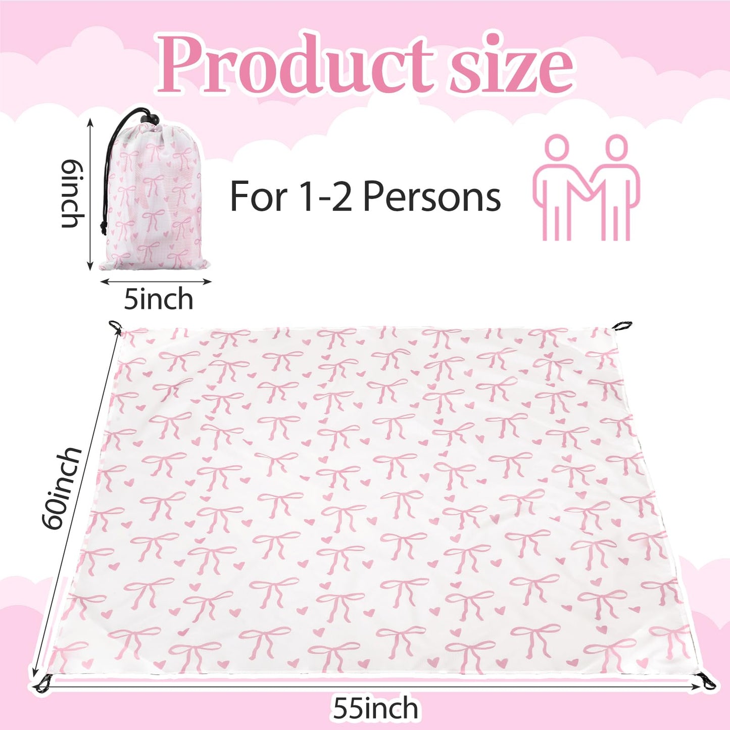 HunnmingRe Lightweight Pink Bow Pocket Picnic Blanket with Storage Bag 55 x 60inch Waterproof Cute Packable Sandproof Beach Mat Compact Washable Picnic Mat for Outdoor Hiking Camping Travel