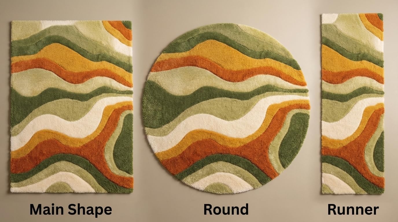 Hand Tufted Abstract Area Rug Wool Modern Wavy Pattern Carpet in Rust Orange Olive Green Cream for Living Room Bedroom Boho Decor Soft Plush Handmade Contemporary Floor Rug (2x2 ft / 60x60 cm)