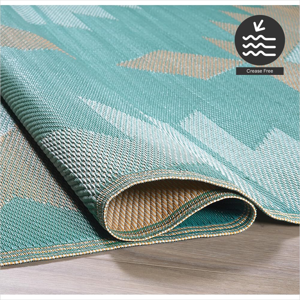 FH Home Outdoor Rug - Waterproof, Fade Resistant, Reversible - Premium Recycled Plastic - Geometric - Porch, Deck, Balcony, Mudroom, Laundry Room, Patio - Bursa Kilim - Teal Crease Free - 3 x 5 ft
