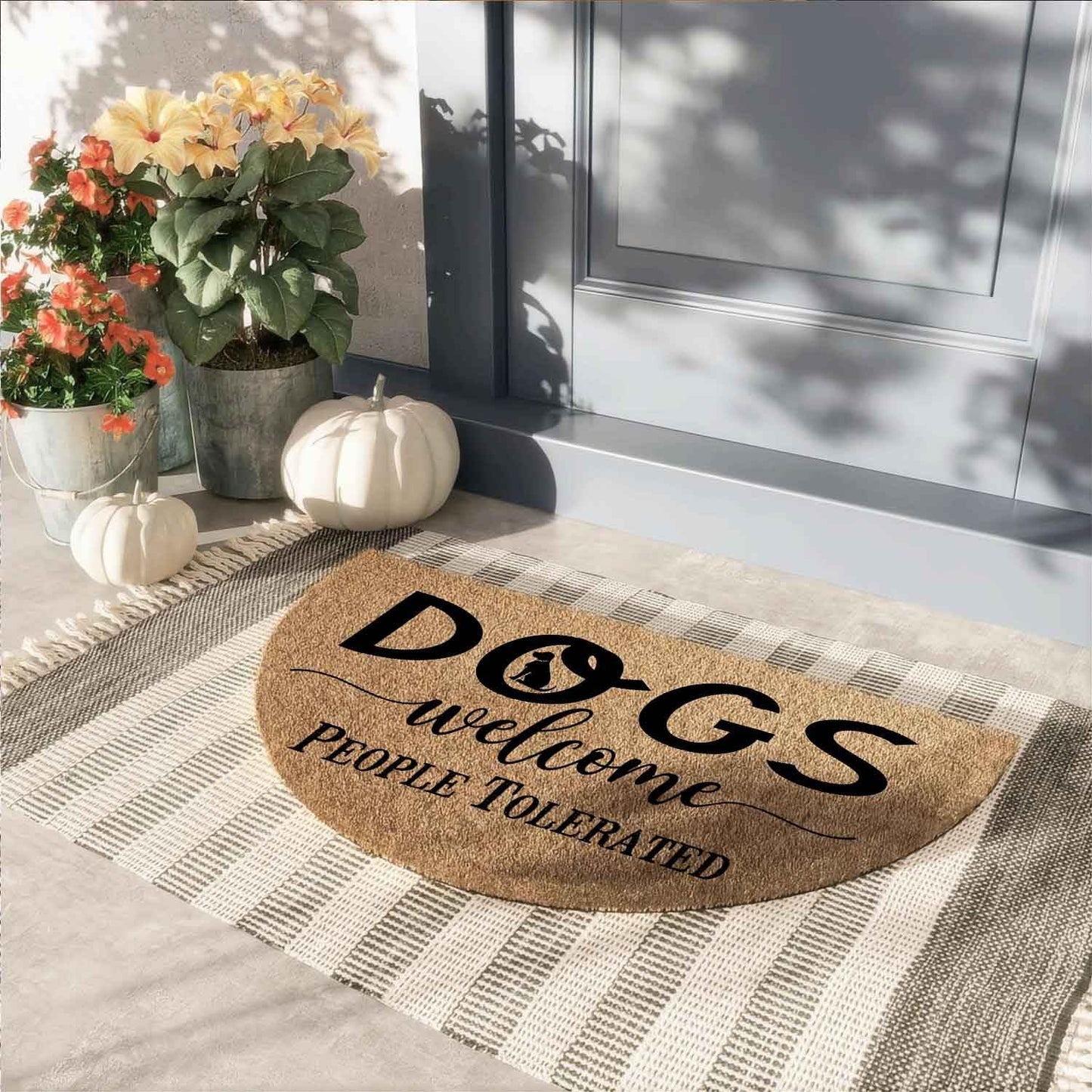 Funny Dog Half Round Doormat, Dogs Welcome People Tolerated Welcome Mat, 29.5"x17" Faux Coir Entryway Rug, Low Profile Non-Slip Outdoor Indoor Floor Carpet for Pet Lovers