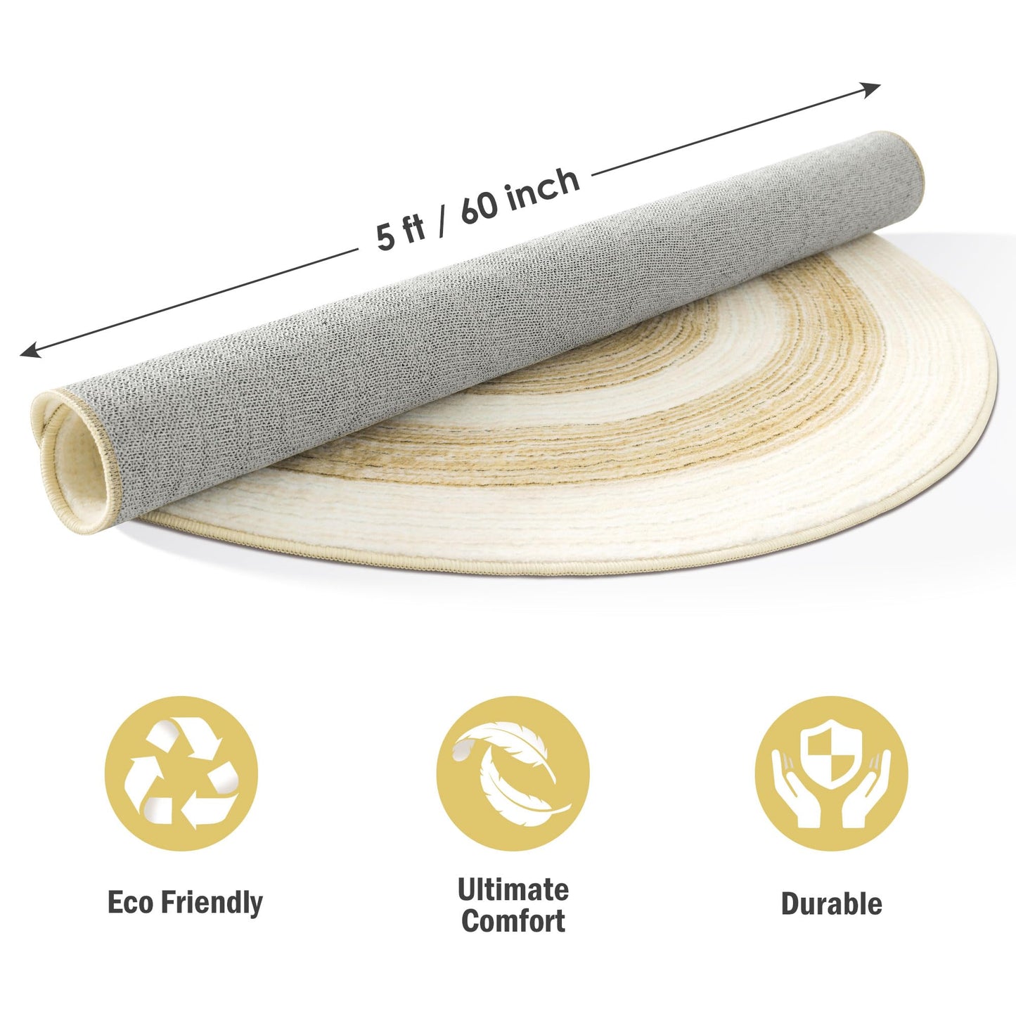 Carvapet Faux Jute Round Rug 5ft – Jute-Like Pattern Design Washable Low Pile Area Rug with Non-Slip Rubber Backing, Soft Natural Look Decorative Circle Carpet for Living Room