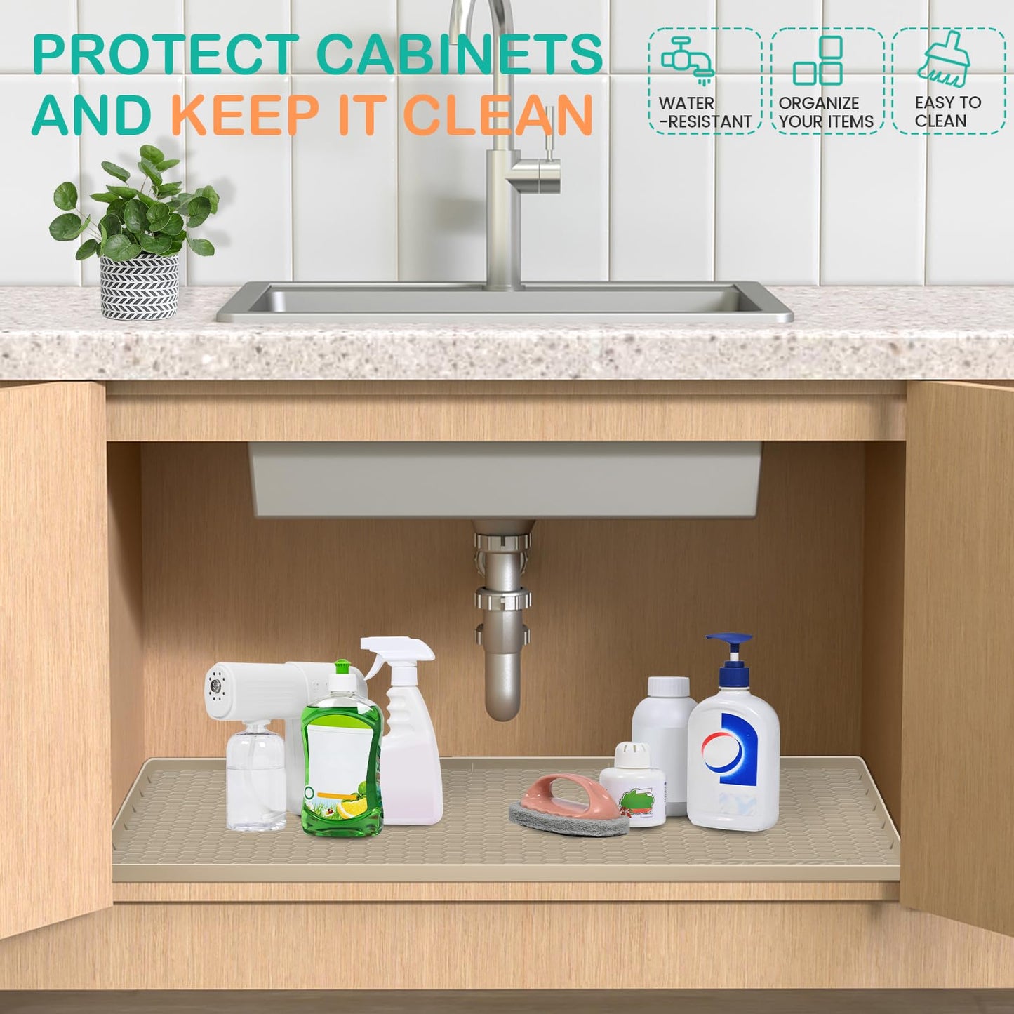 FORWOS Waterproof Under Sink Mat 22" x 19", Silicone Cabinet Liner, Rubber Protector for Kitchen and Bathroom, Keeps Cabinets Clean, Dry, and Organized (Khaki)